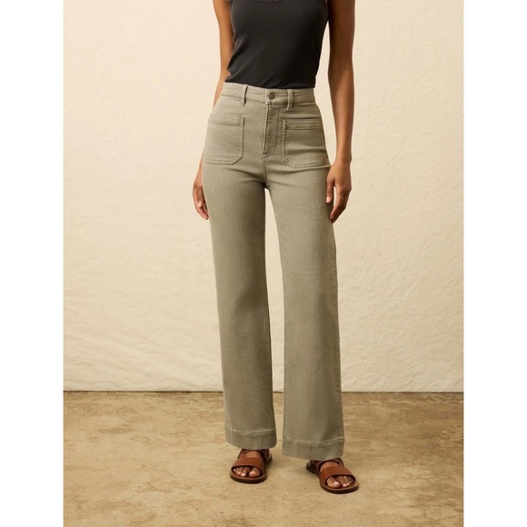 Faherty Pants - Faherty Womens Olive Green Patch Pocket High Rise Wide Leg Twill Pants Size 27